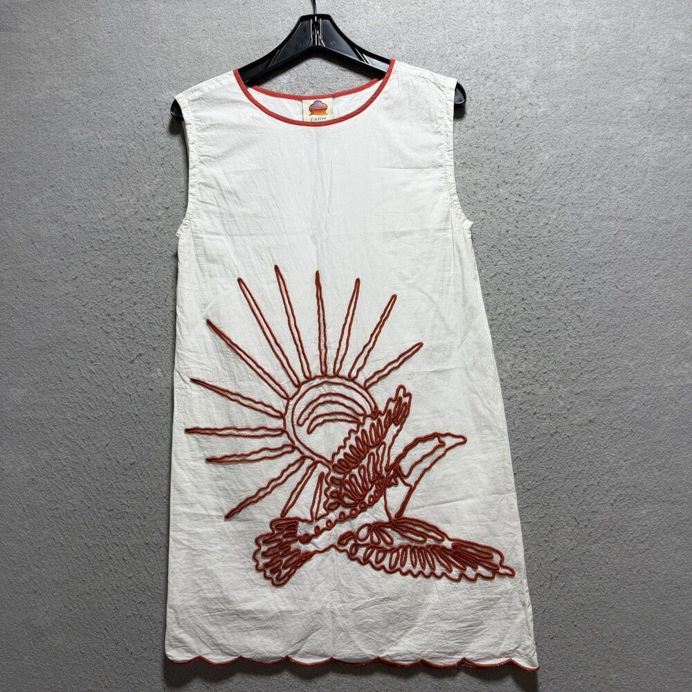 Farm Rio Scallop Mini Dress XS White Embroidered Birds Sun Midi dress Sleeveless